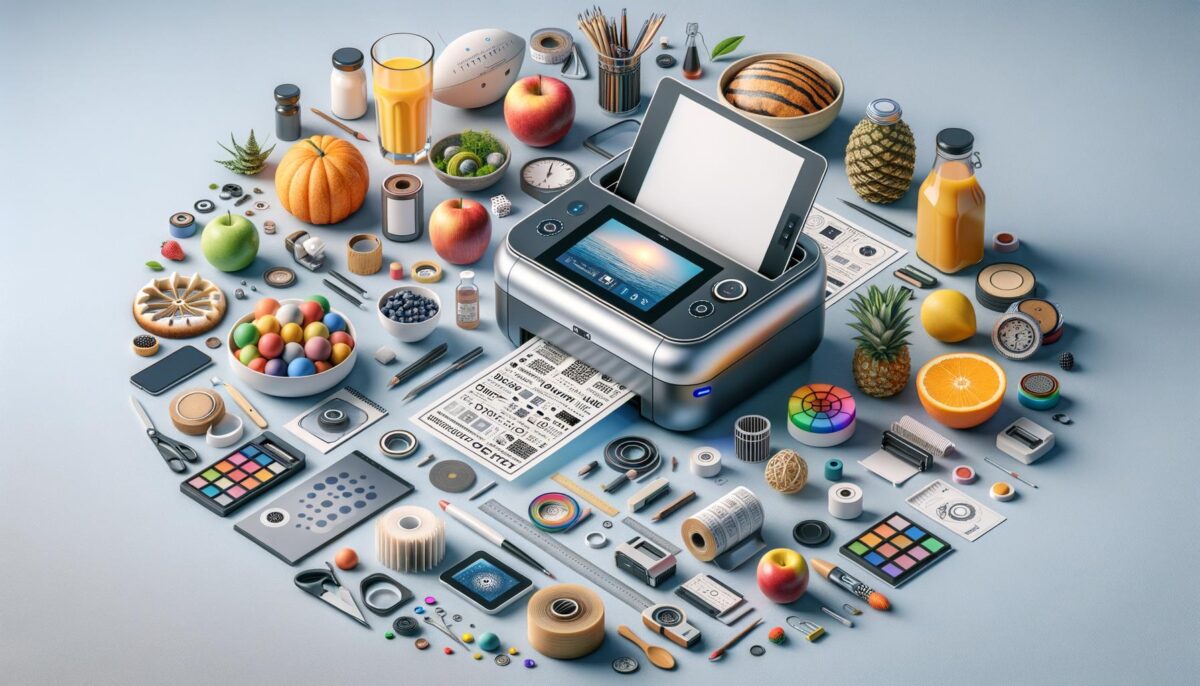 A printer surrounded by various objects including fruits, stationery, colorful items, and a glass of juice on a light blue background.