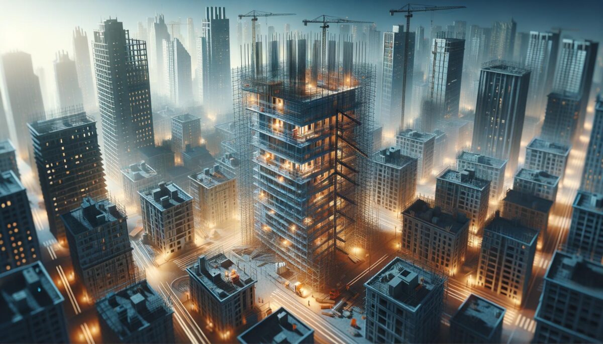 Aerial view of a cityscape with skyscrapers under construction, surrounded by mist and cranes.