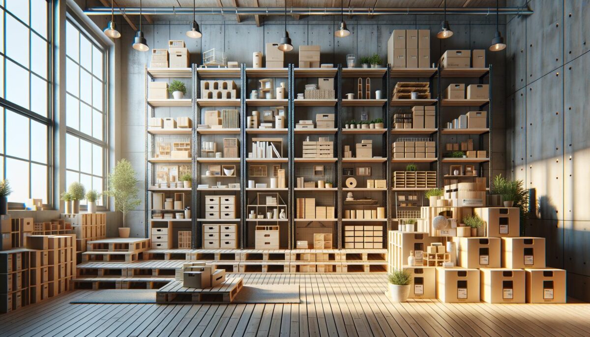 Sunlit warehouse with stacked shelves, boxes, and potted plants.