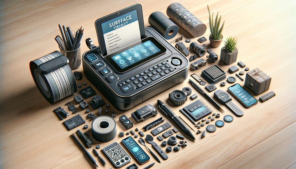 A futuristic device with a keyboard and screen, surrounded by various tech gadgets and small potted plants on a wooden surface.