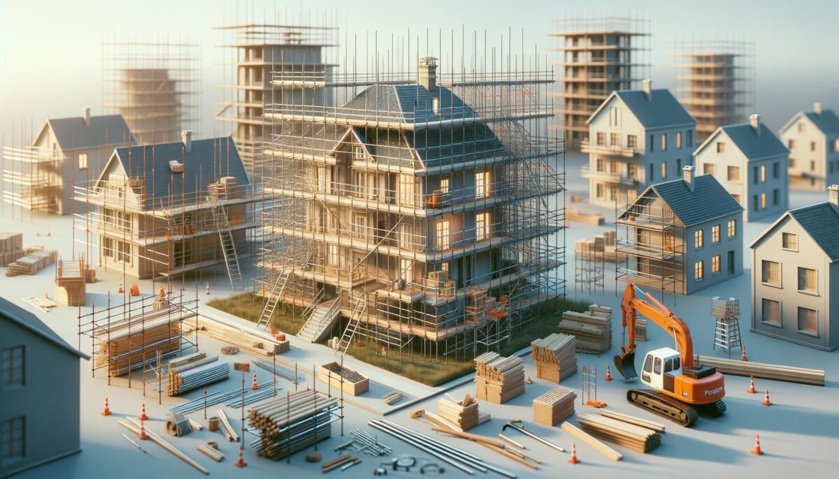 Construction site with houses being built, surrounded by scaffolding, building materials, and an excavator.