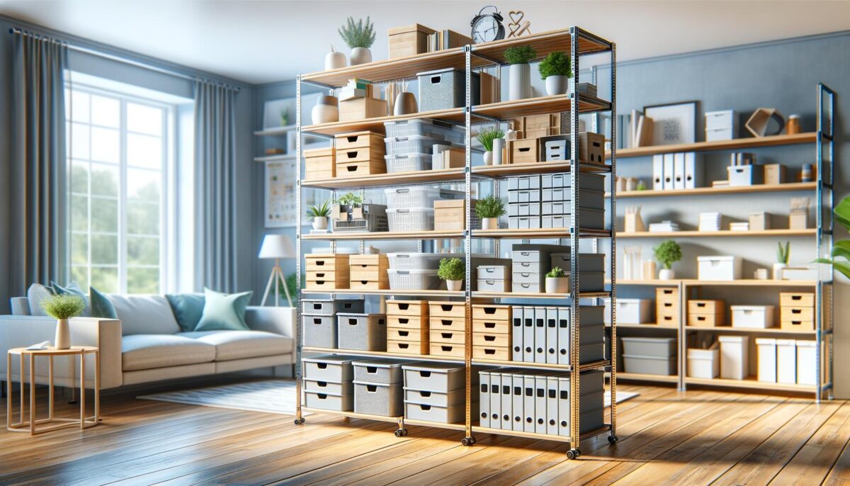 A bright room with large shelves filled with boxes, files, and plants, a cozy couch by the window.