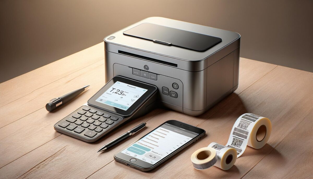 A compact printer with a touchscreen, smartphone, pen, and rolls of labels on a wooden desk.