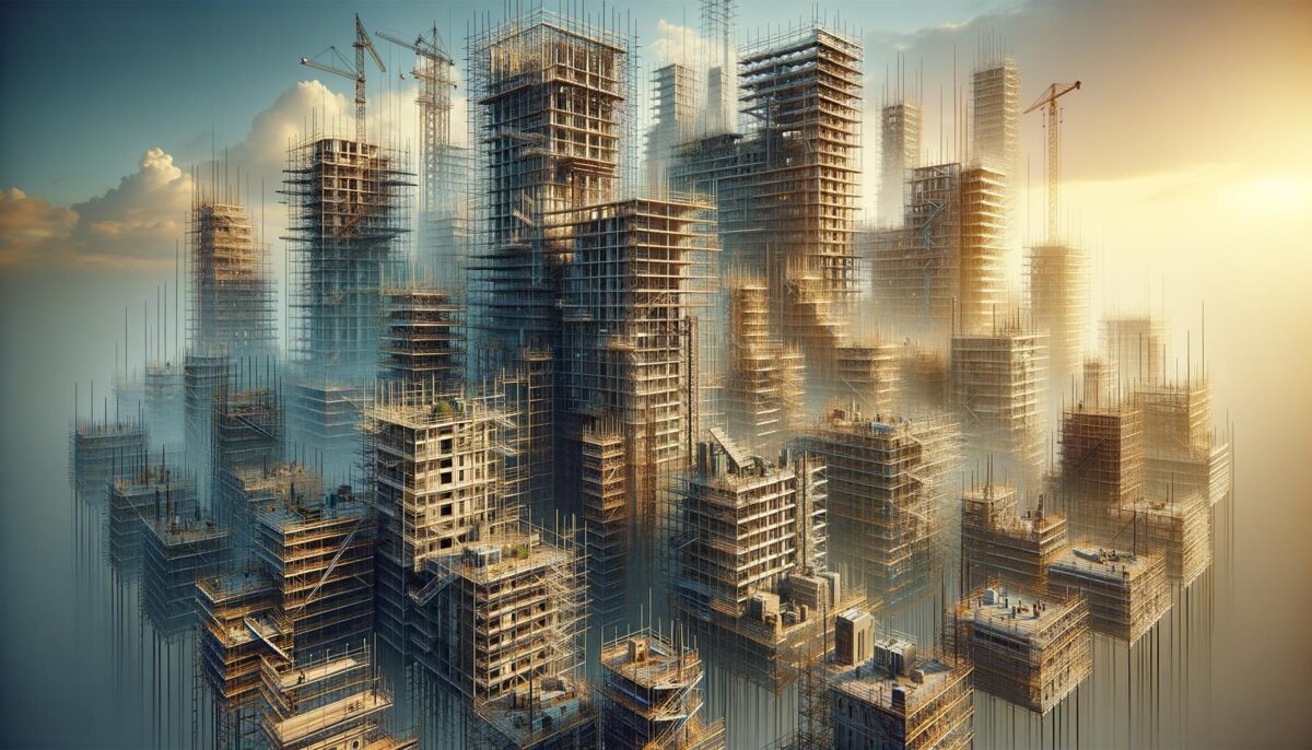 Abstract cityscape with many skyscrapers under construction, surrounded by cranes and scaffolding, in warm sunset light.