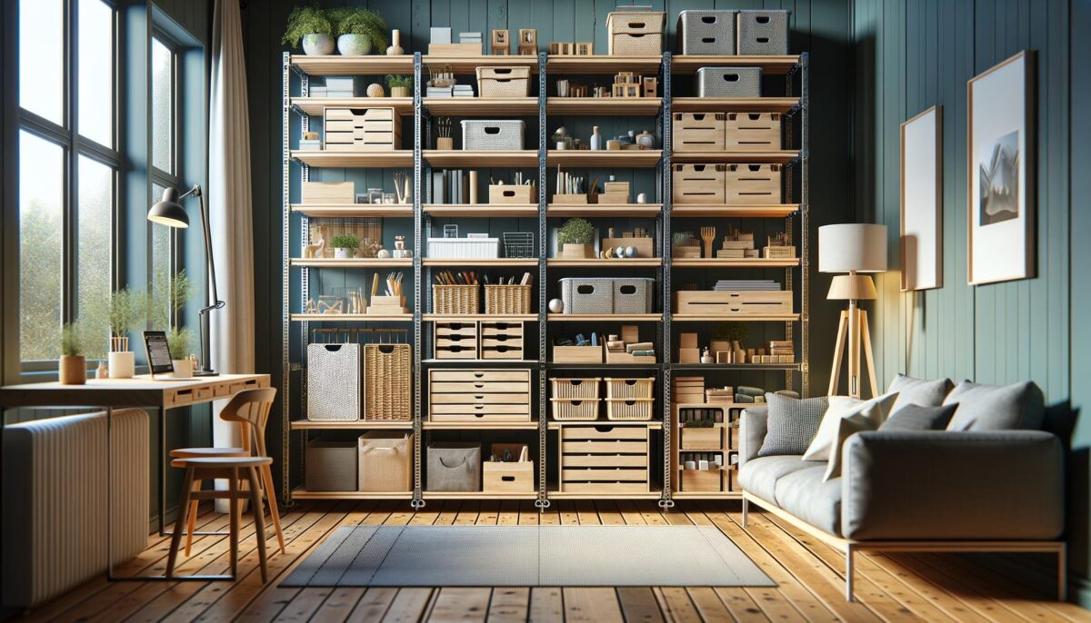 Cozy home office with wooden shelves, plants, a desk by a window, and a gray sofa.