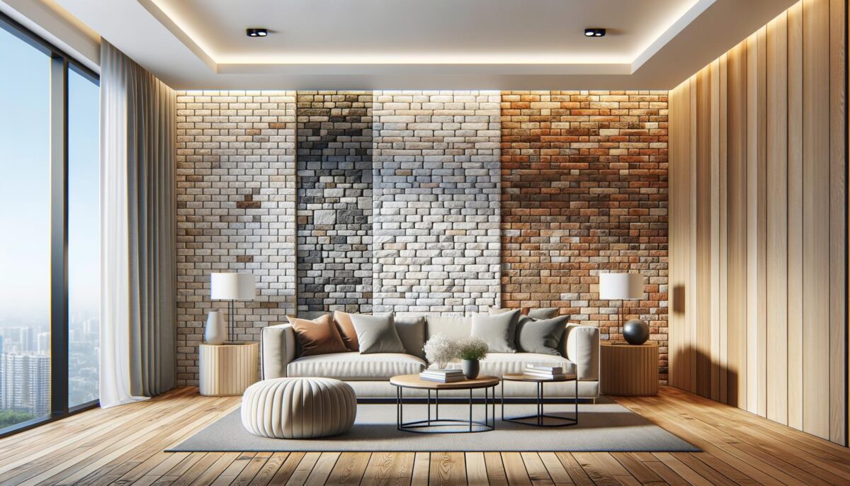 Modern living room with a large cream sofa, brick wall, wooden floor, and city view.