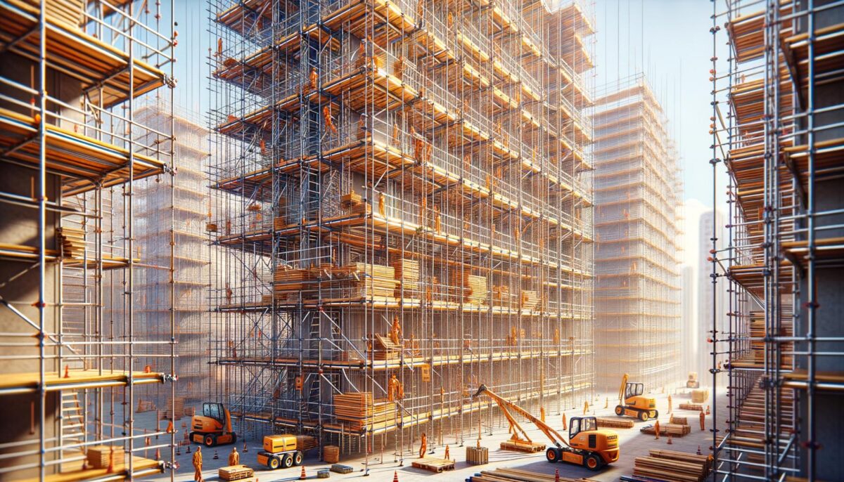 Construction site with tall scaffolding, cranes, and workers.