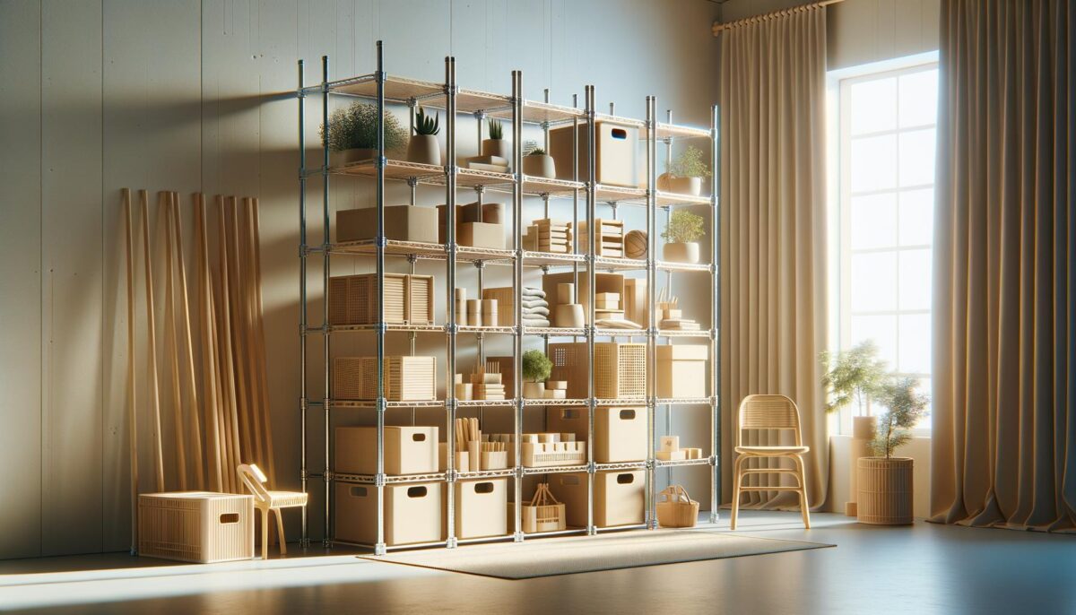 A sunlit room with metal shelves filled with boxes and plants, next to a chair and large window.