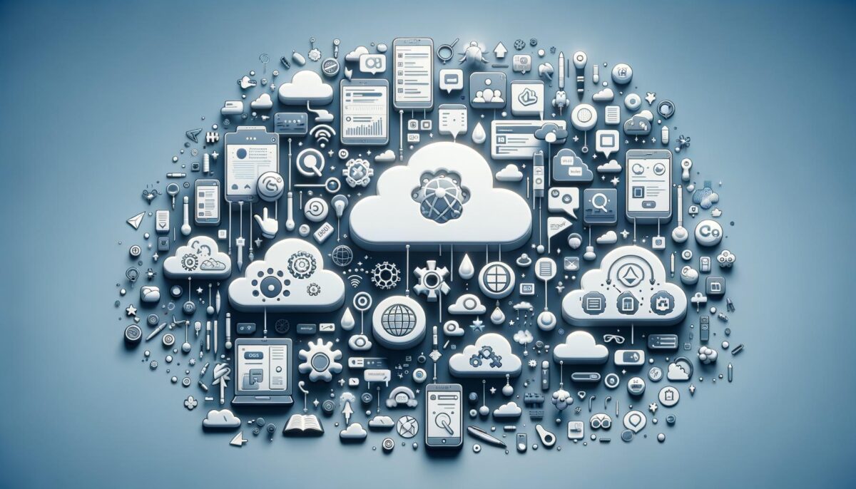 Cloud icons with tech symbols form a brain shape on a blue background.