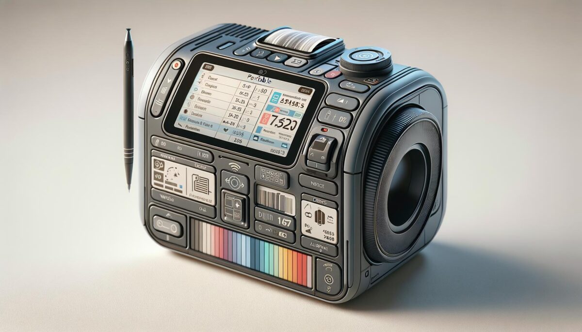 Futuristic camera-like device with buttons, screens, and a digital pen attached.