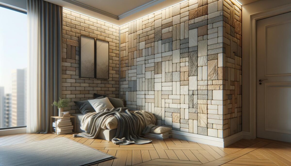 Cozy reading nook with cushions, blanket, books, and plants by brick walls, next to a window.