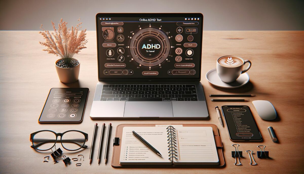 A tidy desk with a laptop showing an ADHD test screen, a coffee cup, glasses, stationery, a notebook, tablet, and smartphone.
