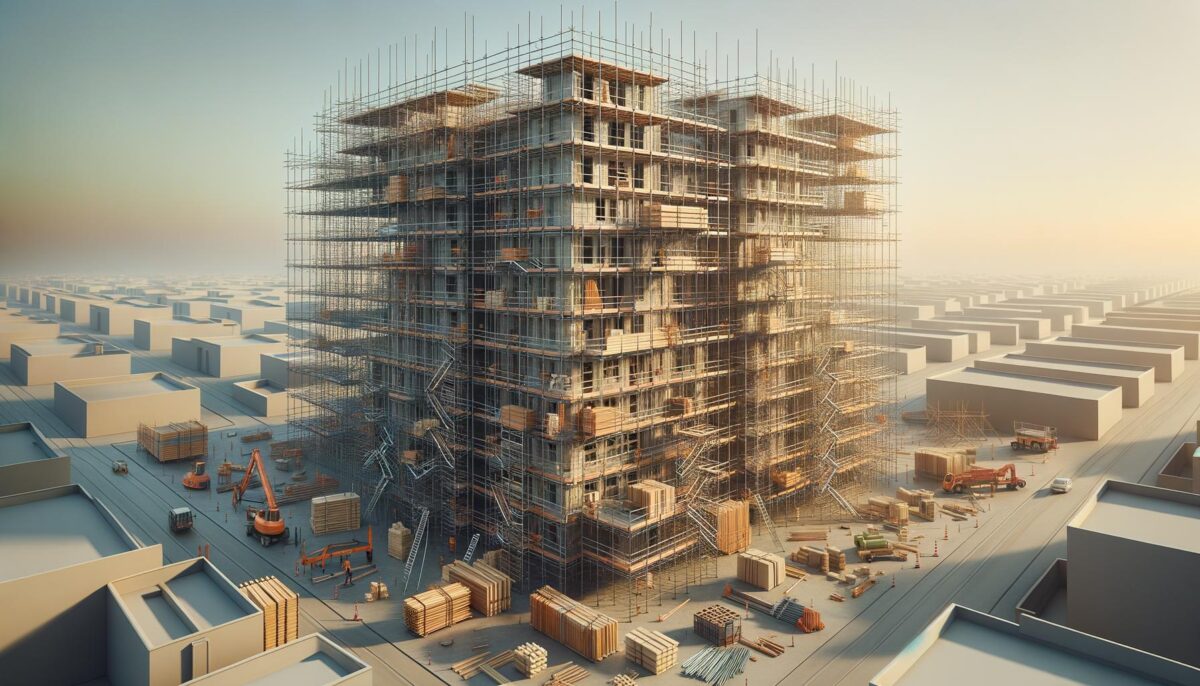 A high-rise building under construction, surrounded by scaffolding and construction materials, against a cityscape.