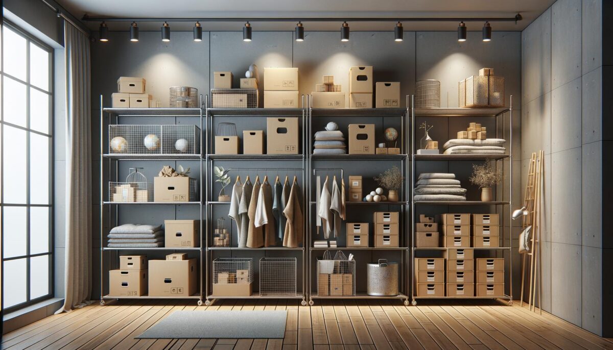 Organized storage room with metal shelves, beige boxes, folded clothes, and soft lighting.