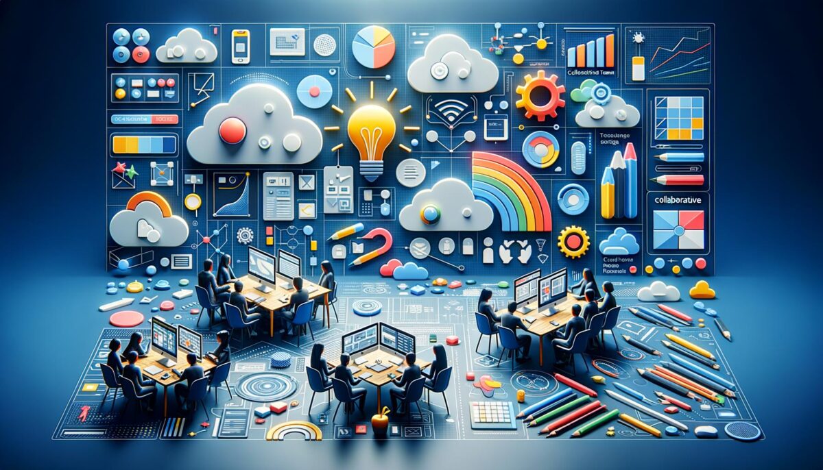 Colorful digital workspace with tech icons, teamwork at computers, and cloud symbols.