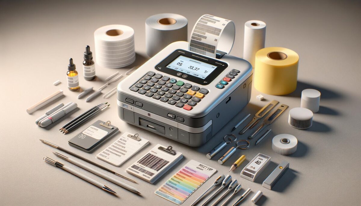 A label printer surrounded by office supplies and stationery, including rolls of labels, pens, pencils, clipboards, and small tools.
