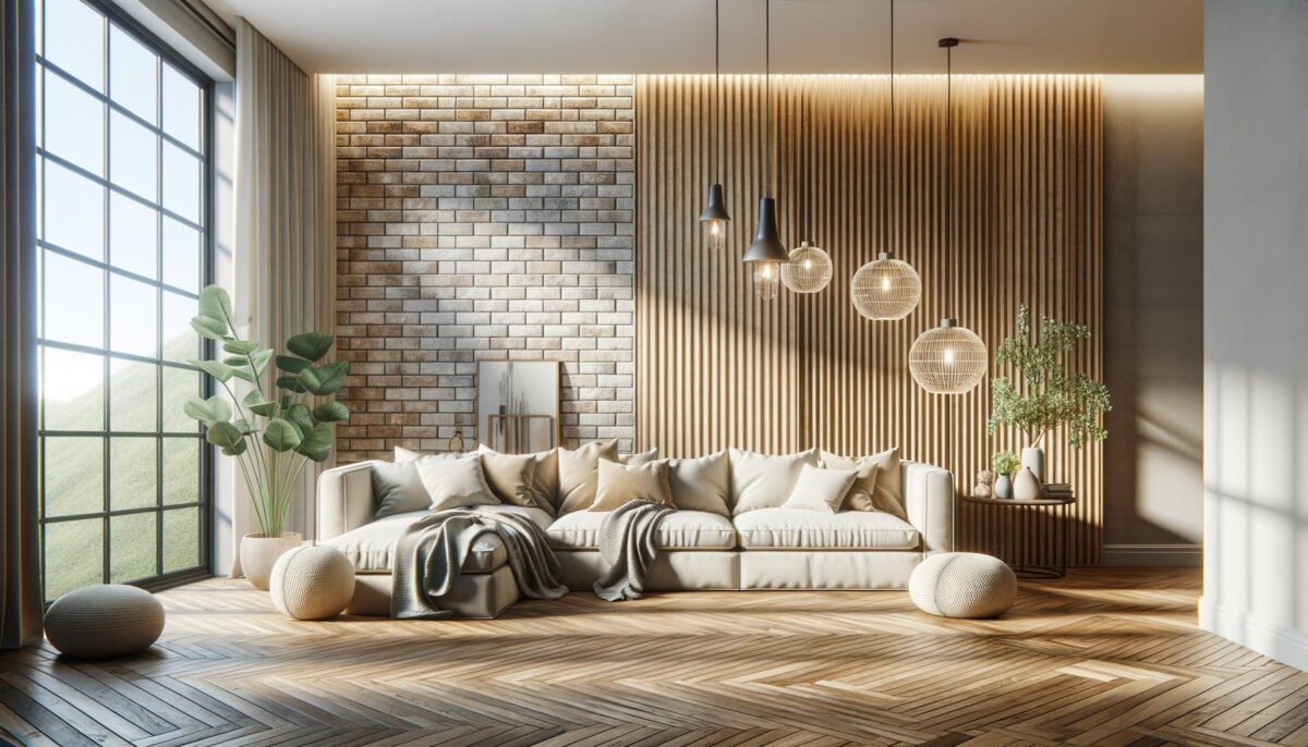 Modern living room with a large window, light sofa, cushions, and plants, featuring brick and wooden walls, and stylish pendant lights.