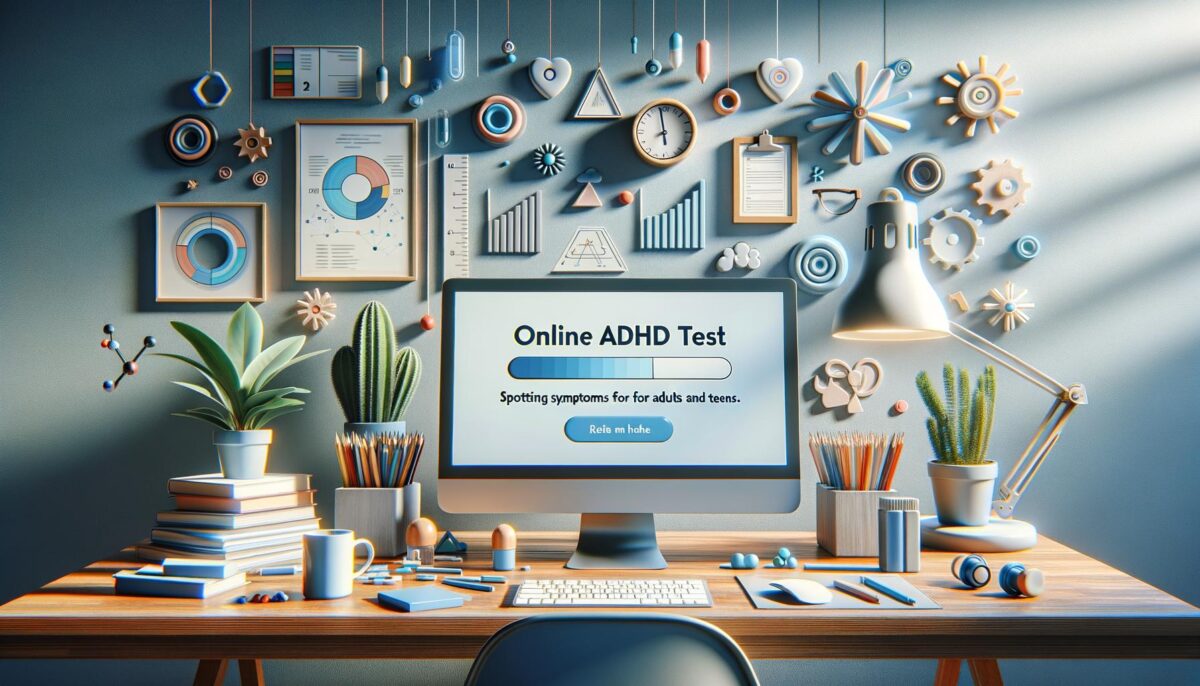 A colorful desk setup with cacti, stationery, and charts on the wall. A computer screen displays "Online ADHD Test."
