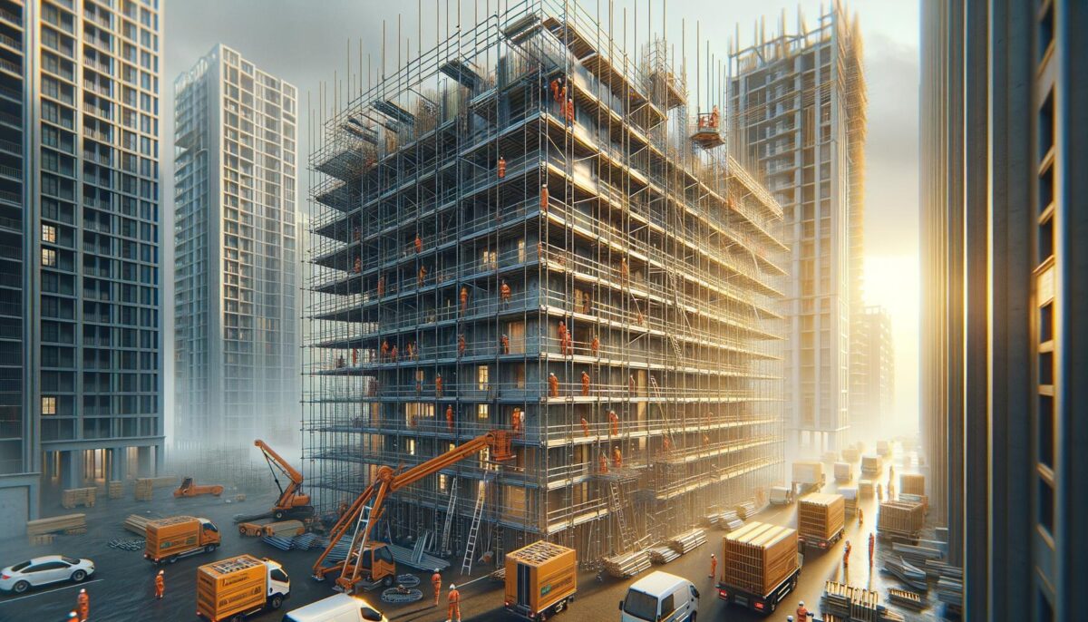 Construction site with scaffolding, workers in orange uniforms, high-rise buildings, and vehicles.