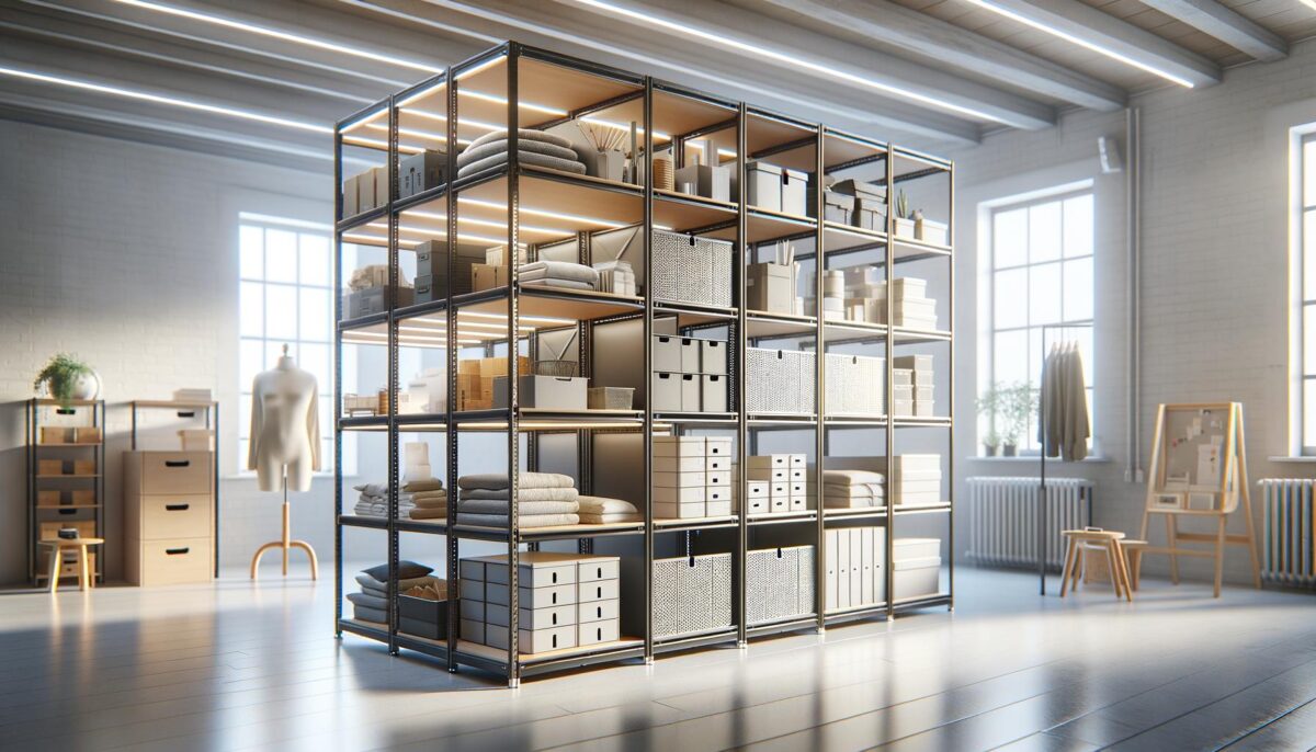 Bright, organized studio with metal shelves holding boxes and fabrics, surrounded by mannequins and plants.