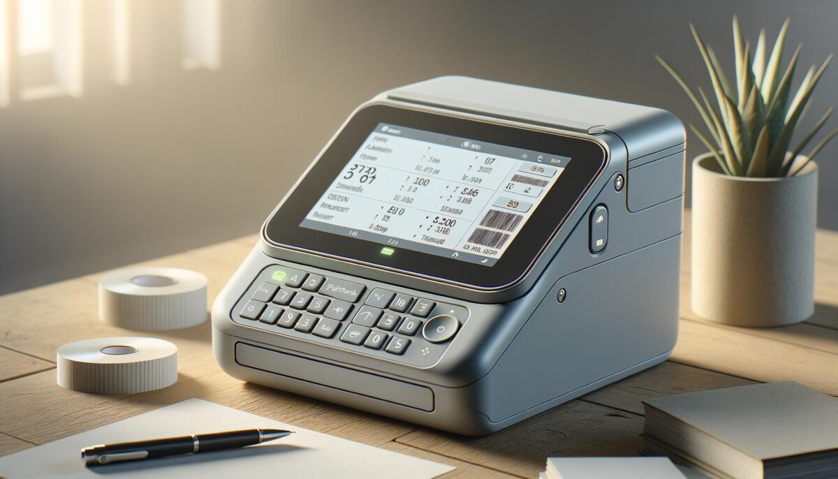 Advanced label printer on a wooden desk with receipt rolls, a potted plant, and a pen.
