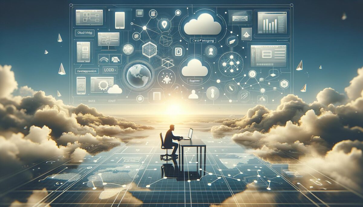 A person sits at a desk above clouds, using a laptop, surrounded by digital icons and a sunrise.