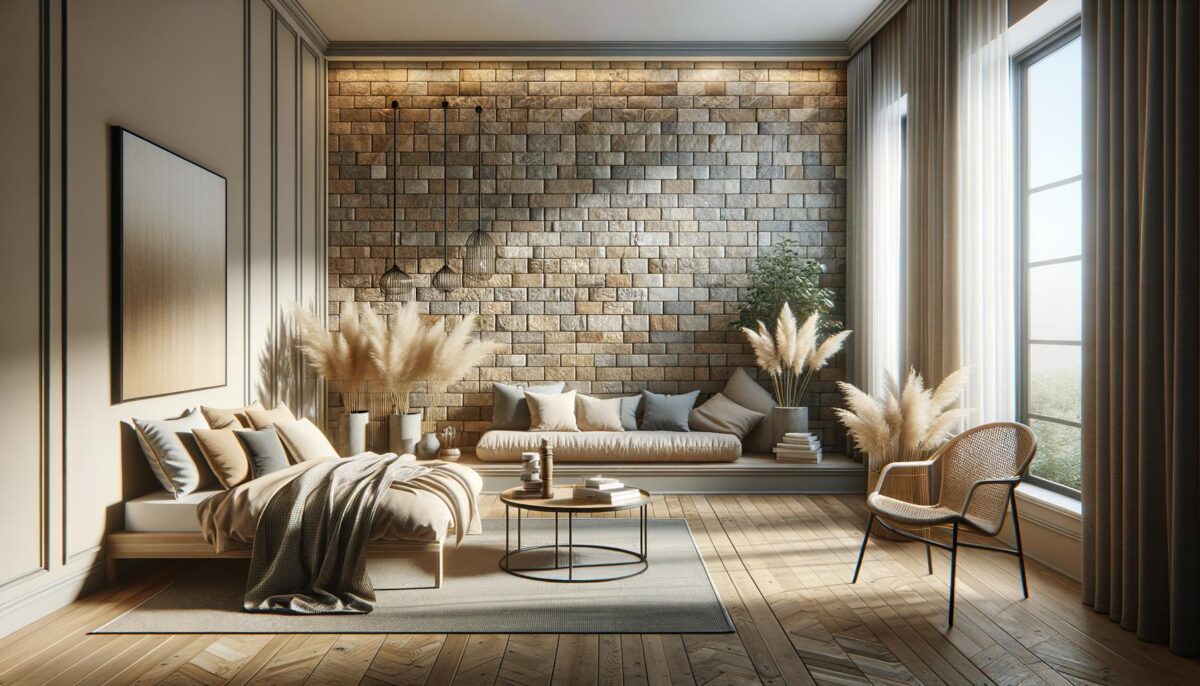 Cozy living room with a brick wall, soft sofas, pampas grass, and large windows.