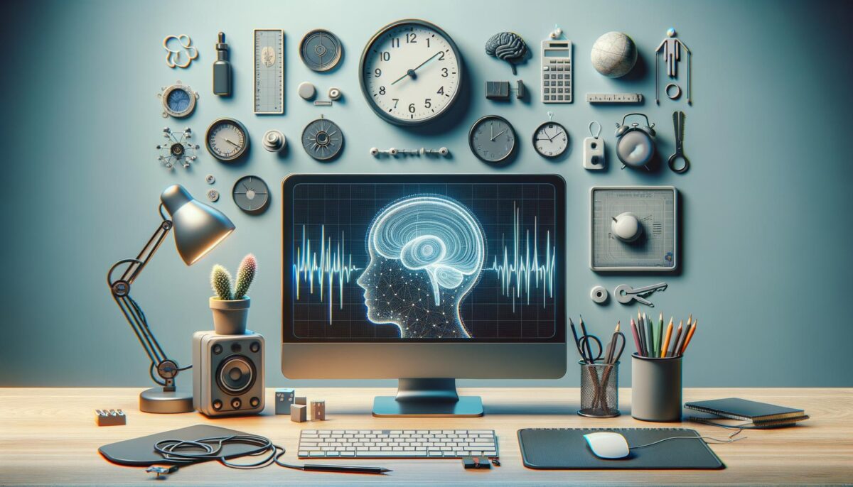 A computer screen displays a brain diagram with sound waves, surrounded by clocks and gadgets on a desk with office supplies.