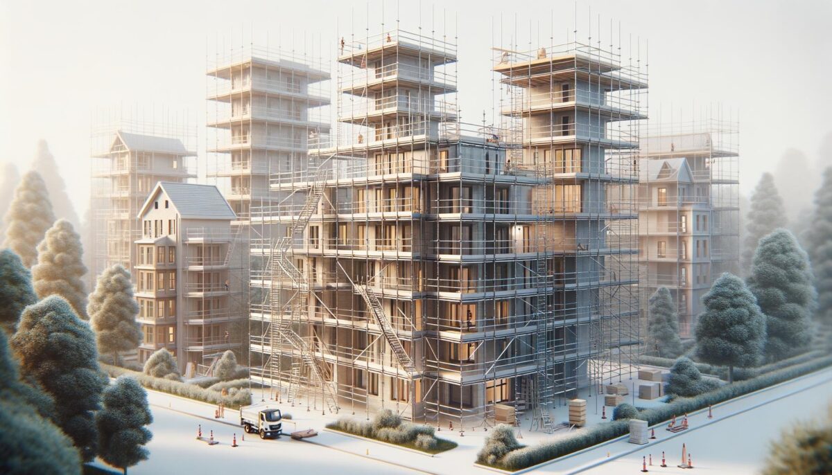 Construction site with multiple buildings covered in scaffolding, surrounded by trees; a truck is parked nearby.