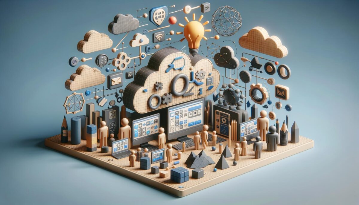 A 3D illustration of cloud computing with miniature people and geometric objects interacting with digital devices and cloud icons.