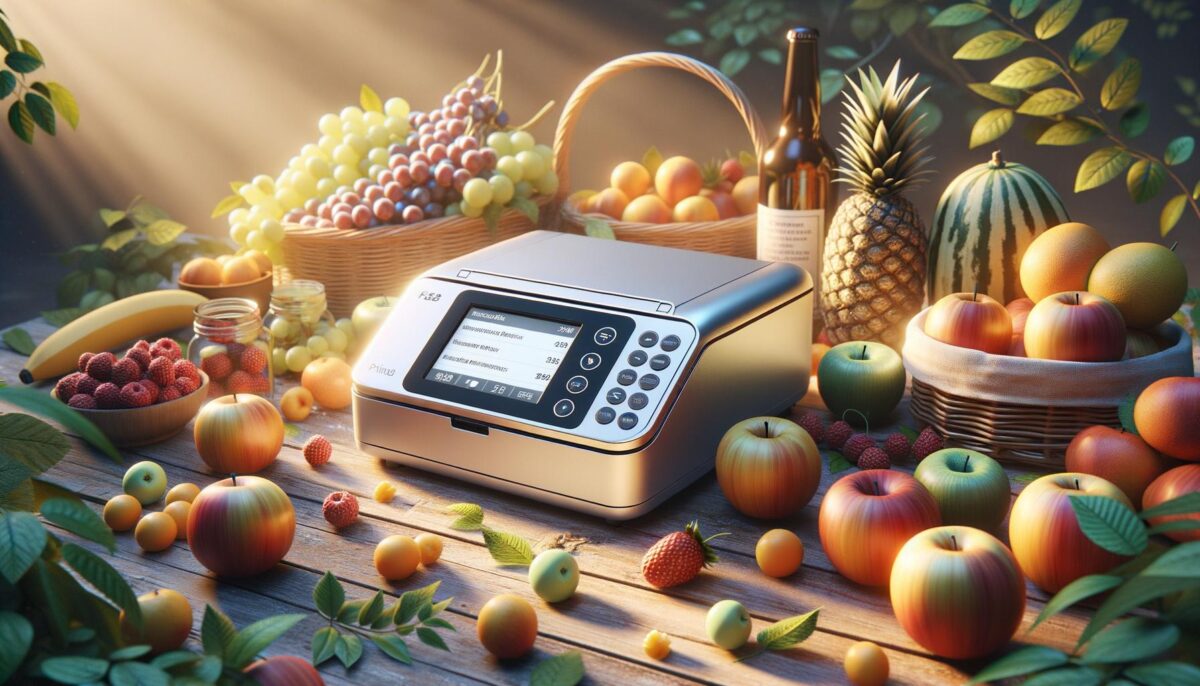 A printer surrounded by assorted fruits in natural sunlight on a wooden table.