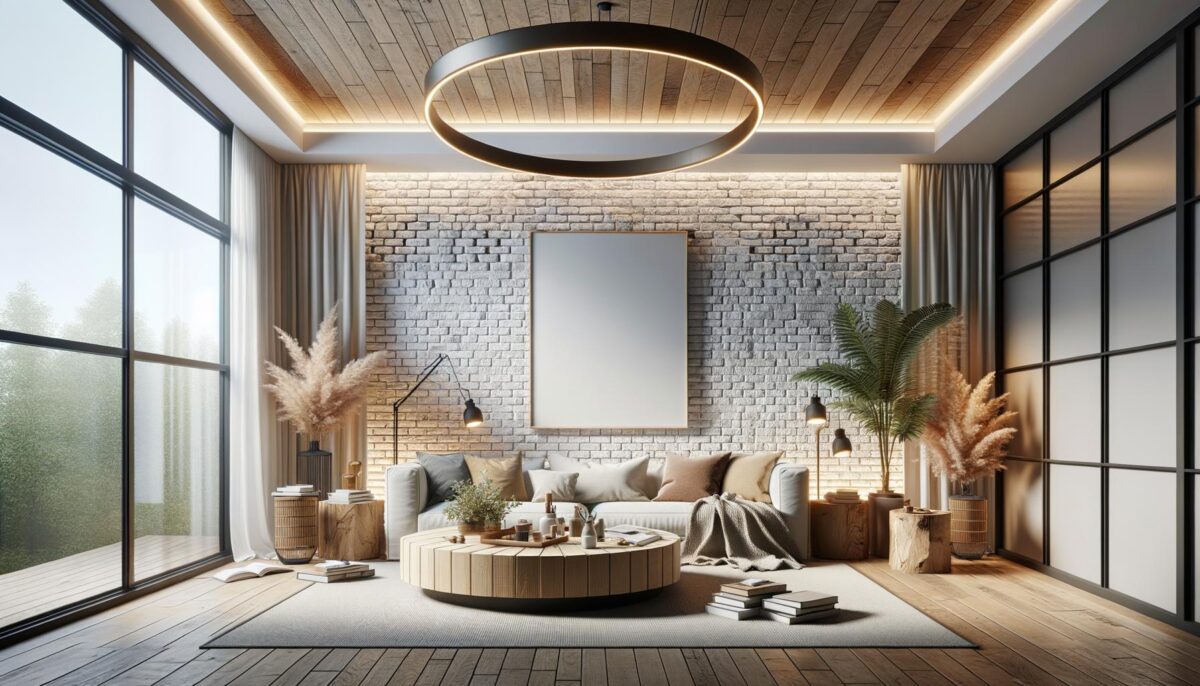 Cozy living room with a modern circular light, large windows, gray sofa, round wooden coffee table, plants, and a brick wall.
