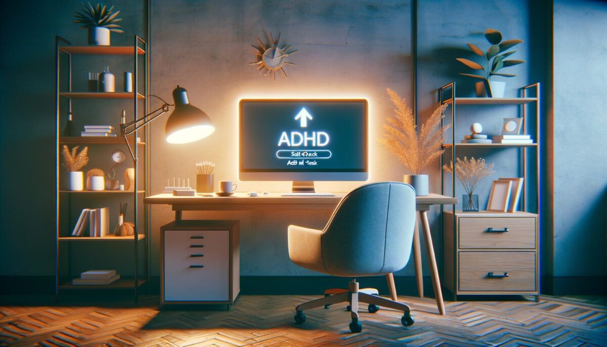 A cozy workspace with a glowing computer displaying "ADHD," surrounded by decorative shelves and plants.