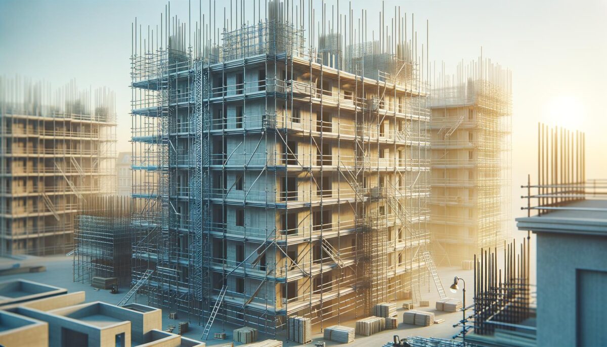 Partially constructed buildings with scaffolding and rebar, under warm sunlight.