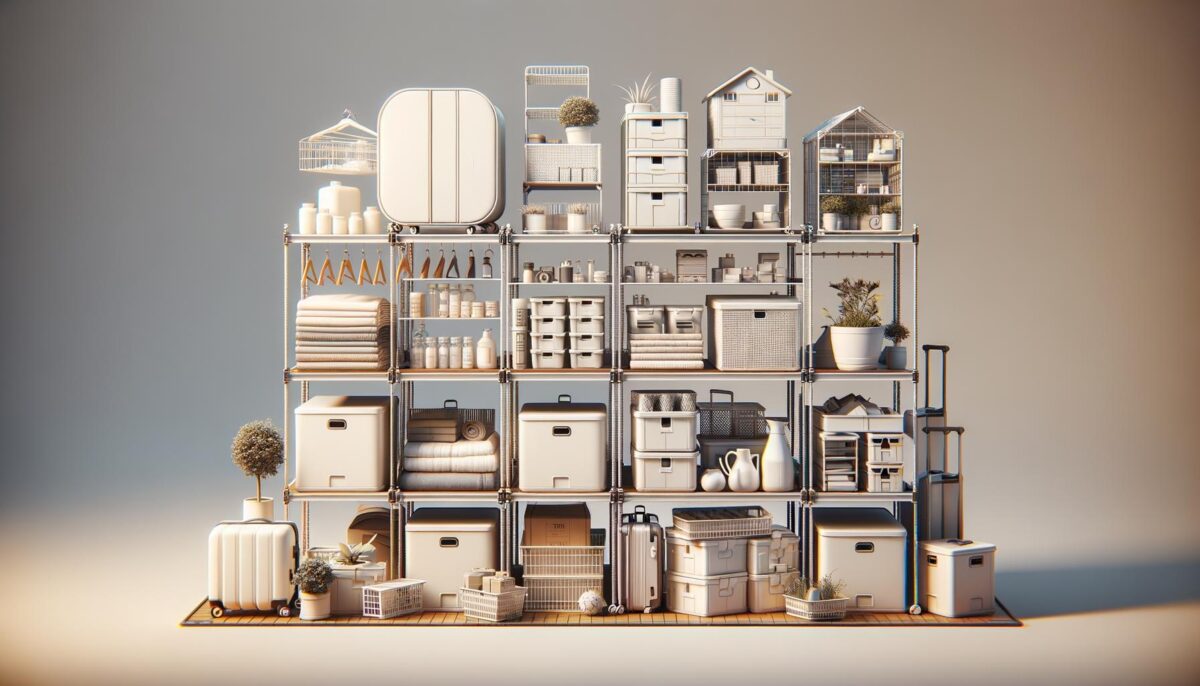 Neatly organized shelves with storage boxes, plants, towels, bottles, hangers, and suitcases.