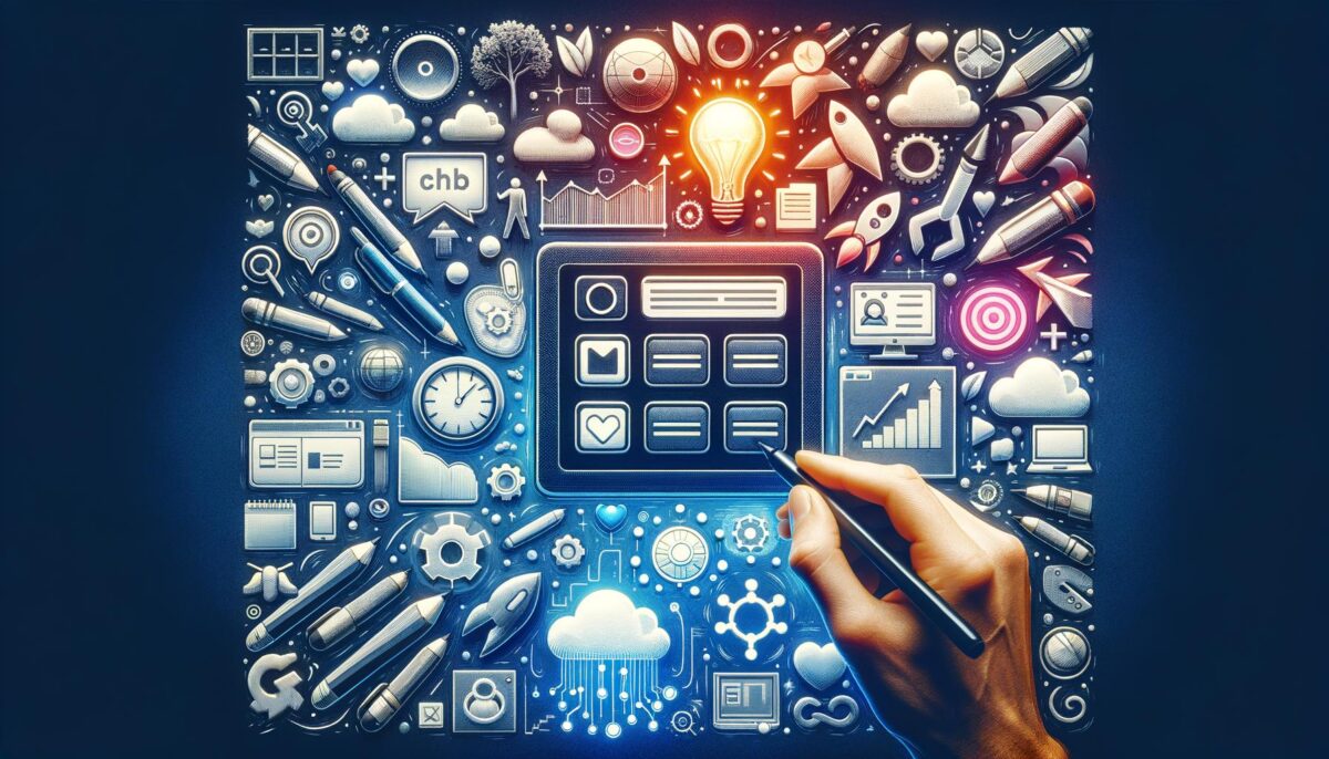 Hand using a stylus on a digital interface with icons like rockets, charts, and clouds, symbolizing creativity and technology.