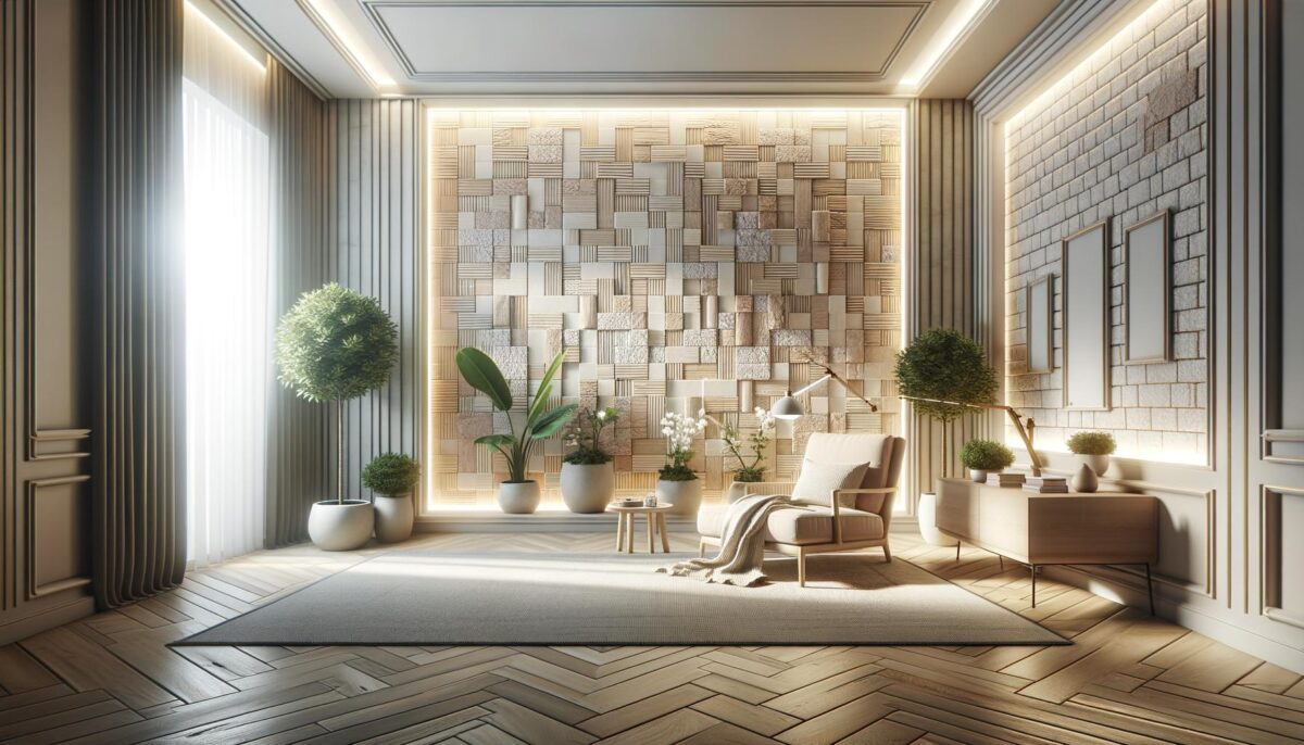 A cozy room with patterned wood walls, a cushioned chair, potted plants, and a soft rug, lit by natural light.