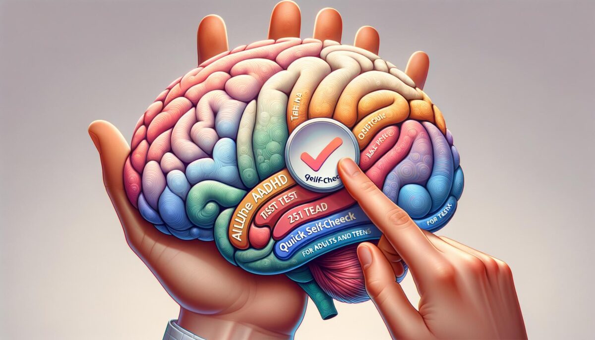 A hand holding a colorful brain model with labels; another hand is pressing a checkmark button on it.