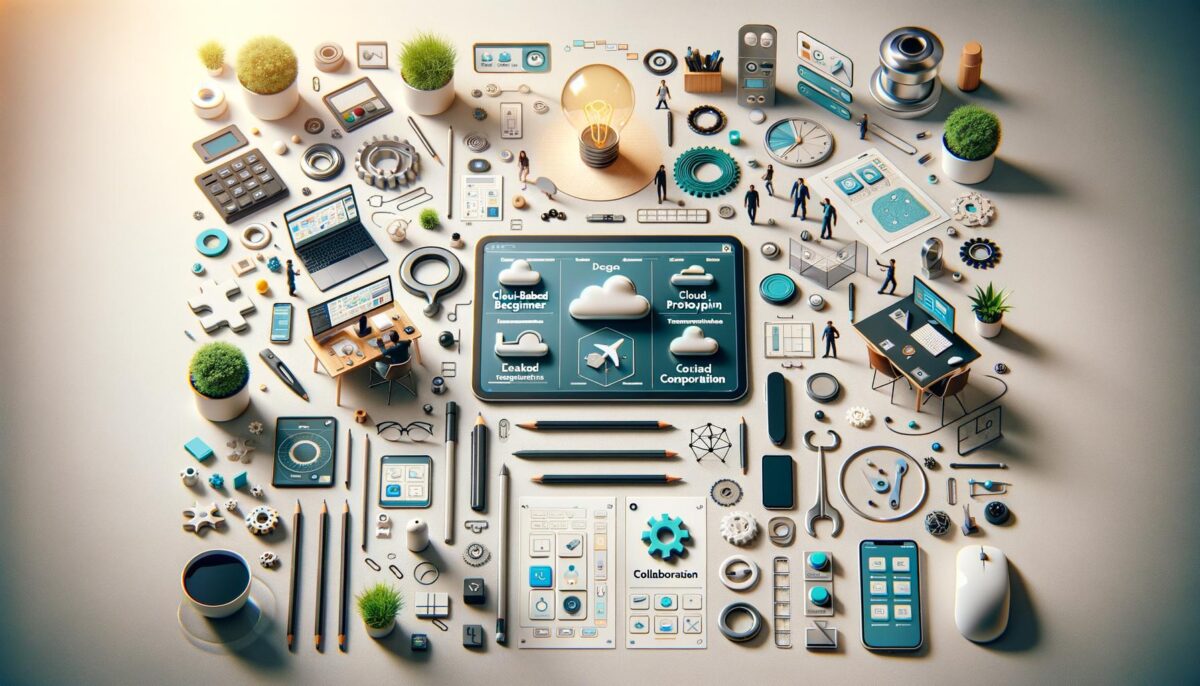 Aerial view of miniature office setup, technology gadgets, gears, plants, and stationery scattered on a desk.