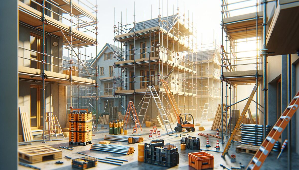 Construction site with scaffolding, ladders, building materials, and a small vehicle under bright sunlight.