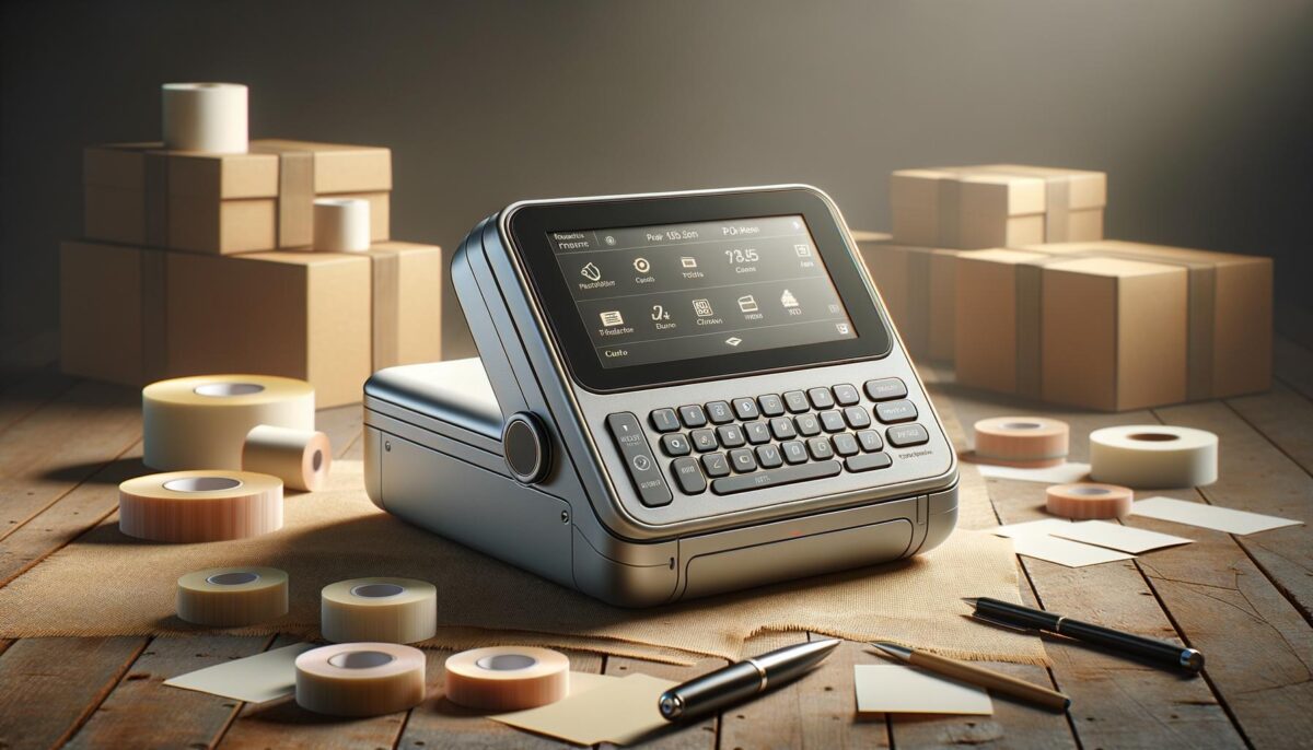 A label printer on a wooden table surrounded by rolls of tape, pens, and cardboard boxes.