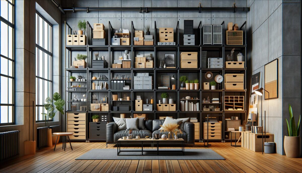 Modern loft with large windows, a shelving unit filled with boxes and decor, a gray sofa, and a wooden floor.