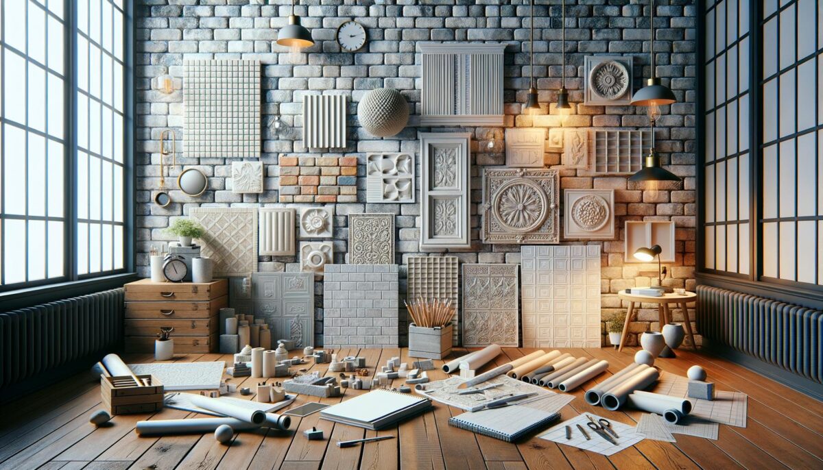 An artist's studio with design samples on a brick wall and scattered art supplies on a wooden floor.