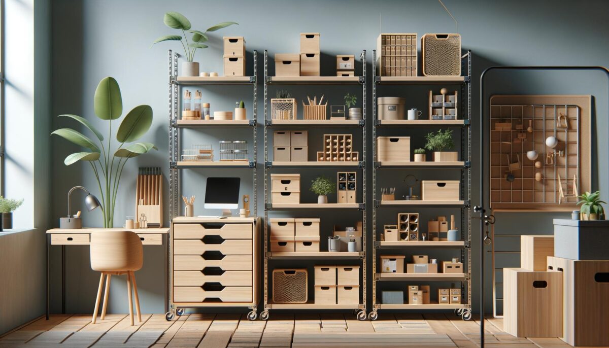 A tidy, modern workspace with wooden furniture, shelves, plants, and neatly organized storage boxes.