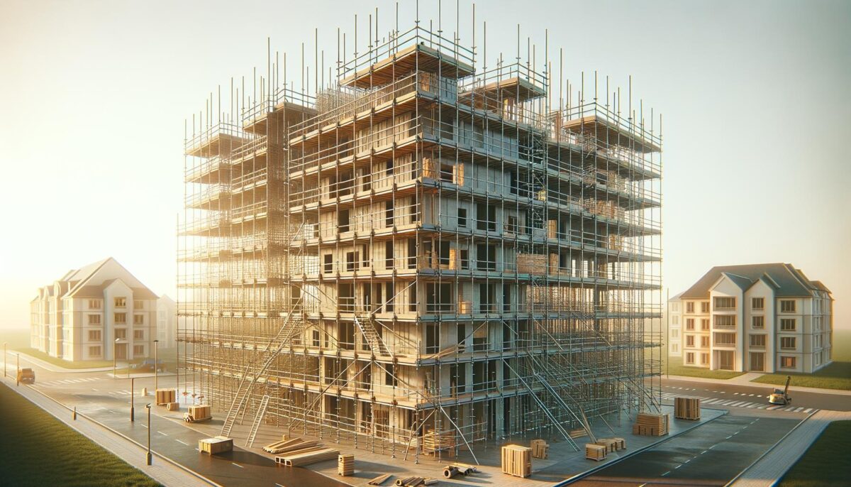 Construction site with a partially built, scaffolded building, surrounded by other finished buildings.