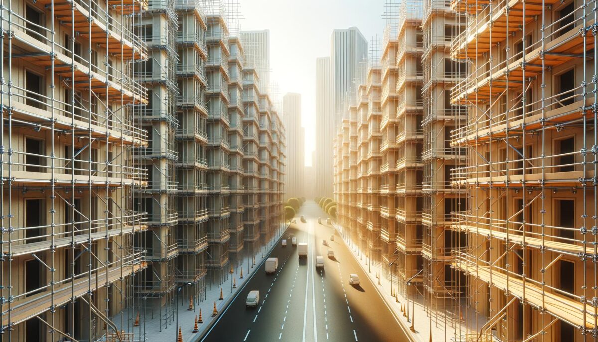 Street with cars between two rows of high-rise buildings under construction, scaffolding visible.