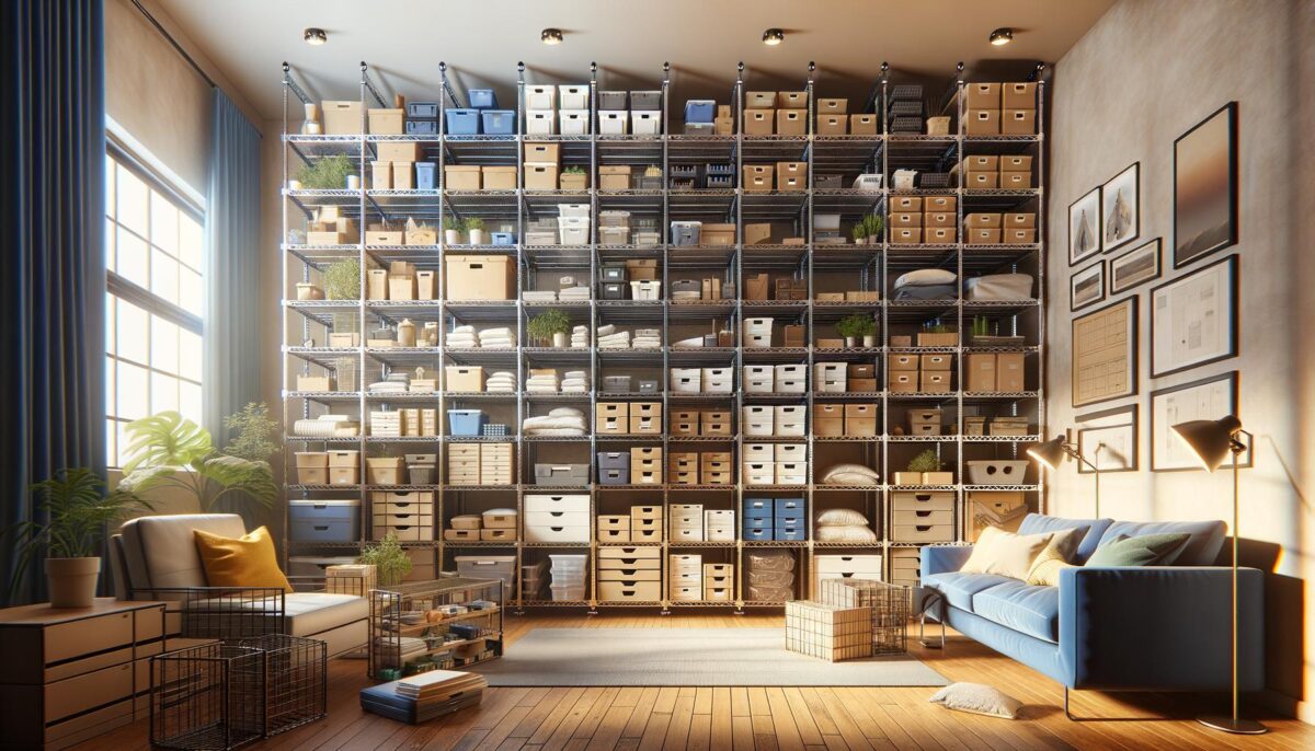 Room with floor-to-ceiling metal shelves filled with boxes and plants, a blue sofa, armchair, and framed artwork on the wall.