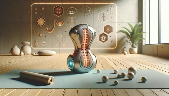 A futuristic yoga room with a sleek, glowing robot, yoga mat, and abstract wall designs.