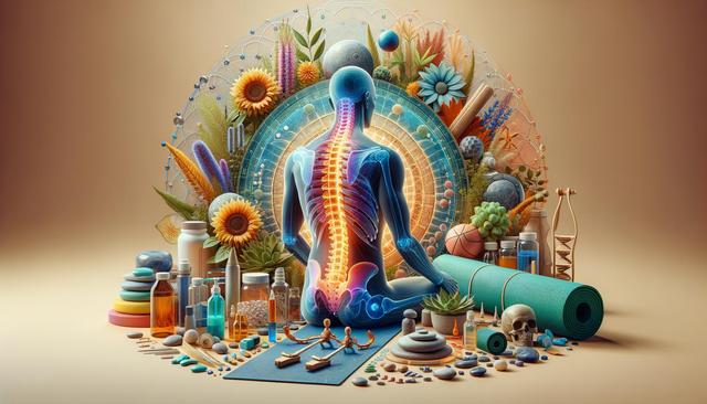 A transparent human figure with a glowing spine, surrounded by flowers, medicine bottles, and fitness items, symbolizing health and wellness.