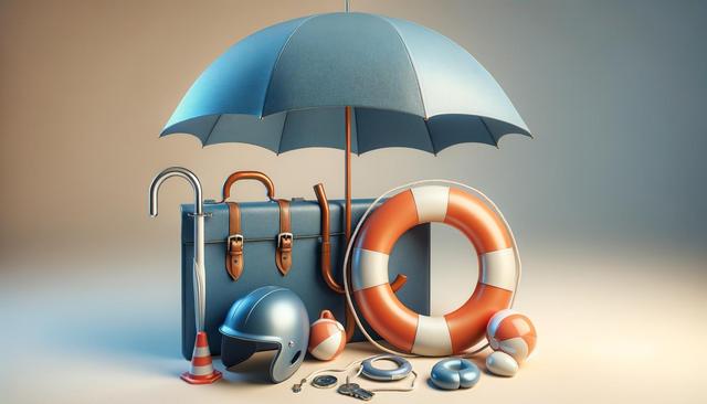 Blue umbrella and briefcase, orange-white lifebuoy, helmet, beach ball, and keys arranged neatly.
